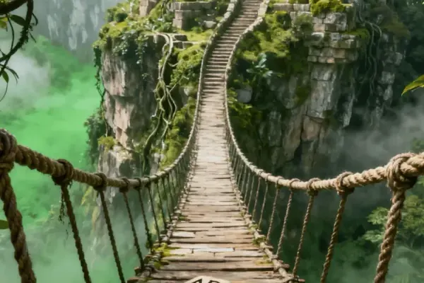 A rope bridge of carved letter-tiles crossing misty cliffs toward a temple in Epic Words