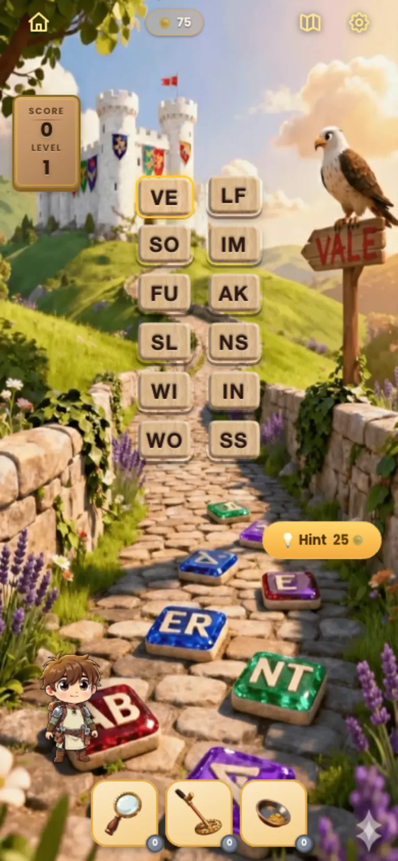 The same board with the VE tile lit gold and raised, waiting for a second tile