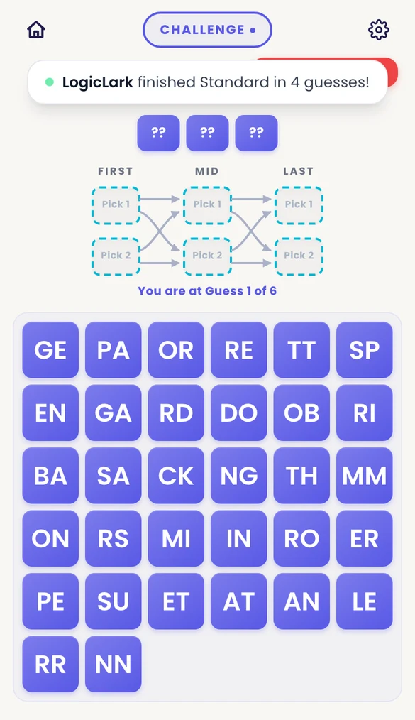 Challenge difficulty board with a noticeably larger grid of letter-pair tiles