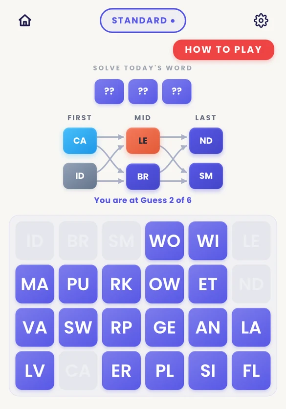 A Pairdle board after a guess: a blue tile in the correct position, an orange tile in the wrong position, and a grey tile that is not in the answer