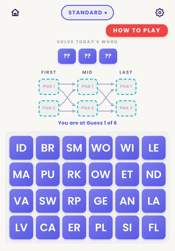 A Standard Pairdle board: three FIRST, MID and LAST slots above a grid of 24 blue letter-pair tiles