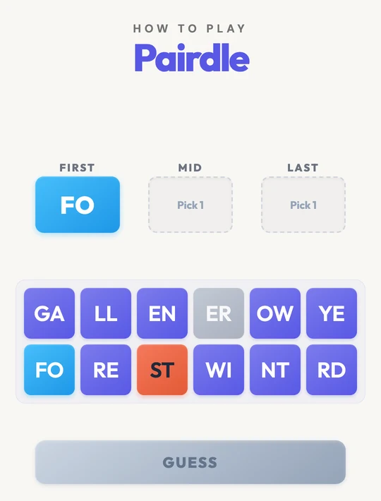 The board between guesses: FO locked blue in FIRST, the other two boxes empty again