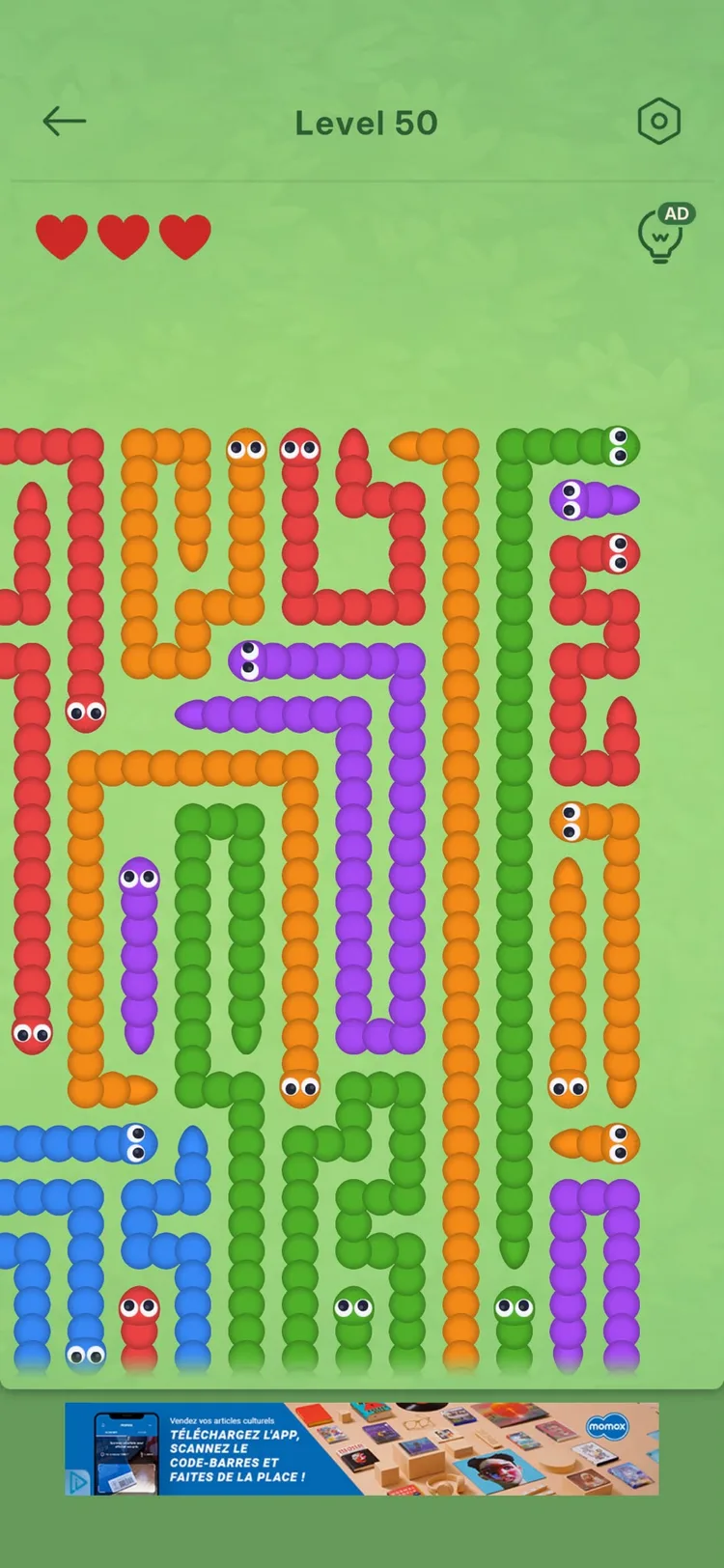 The same caterpillar level part-way through: much of the board now empty, with the remaining caterpillars easier to trace