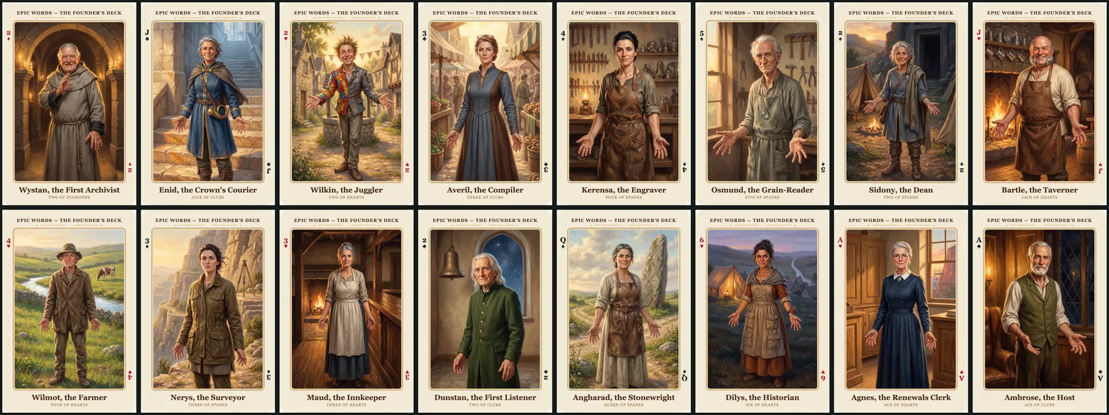 Sixteen finished character cards in a grid. Nearly every character stands with both arms held out from the body and palms open, so the whole set has the same welcoming pose
