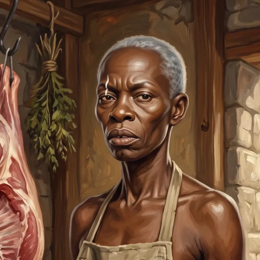 A close-up of the butcher's portrait from the game. A bright white mark runs down her forehead above her right eyebrow