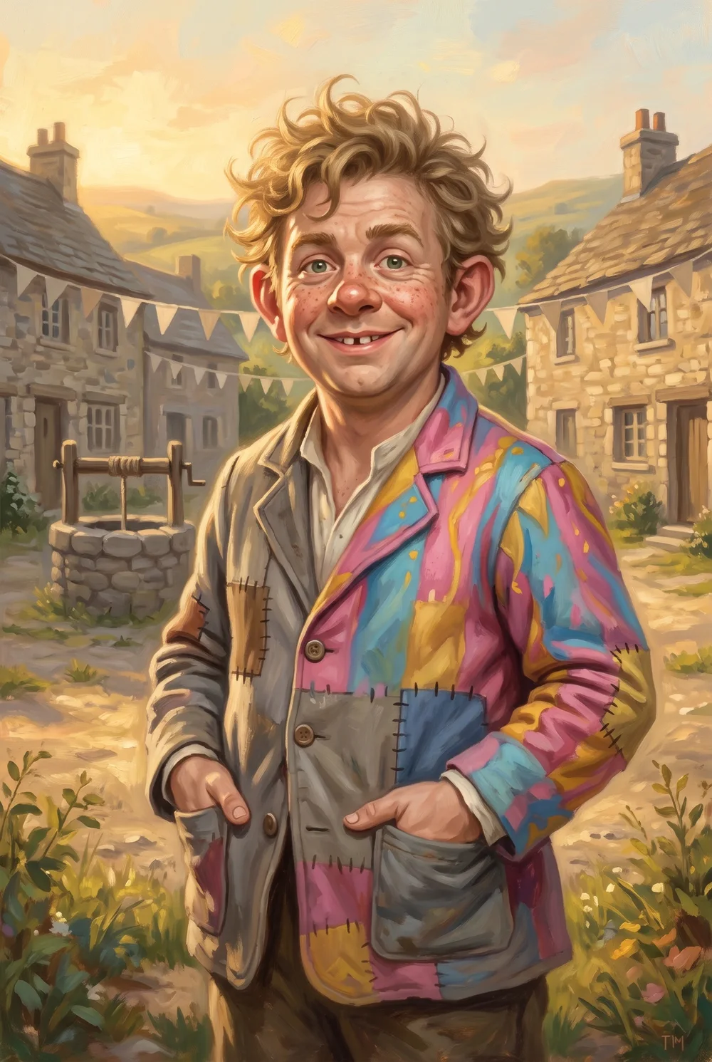 A generated portrait of a juggler in patchwork clothes with very large ears that stick out and a round red nose, painted in a warm storybook style