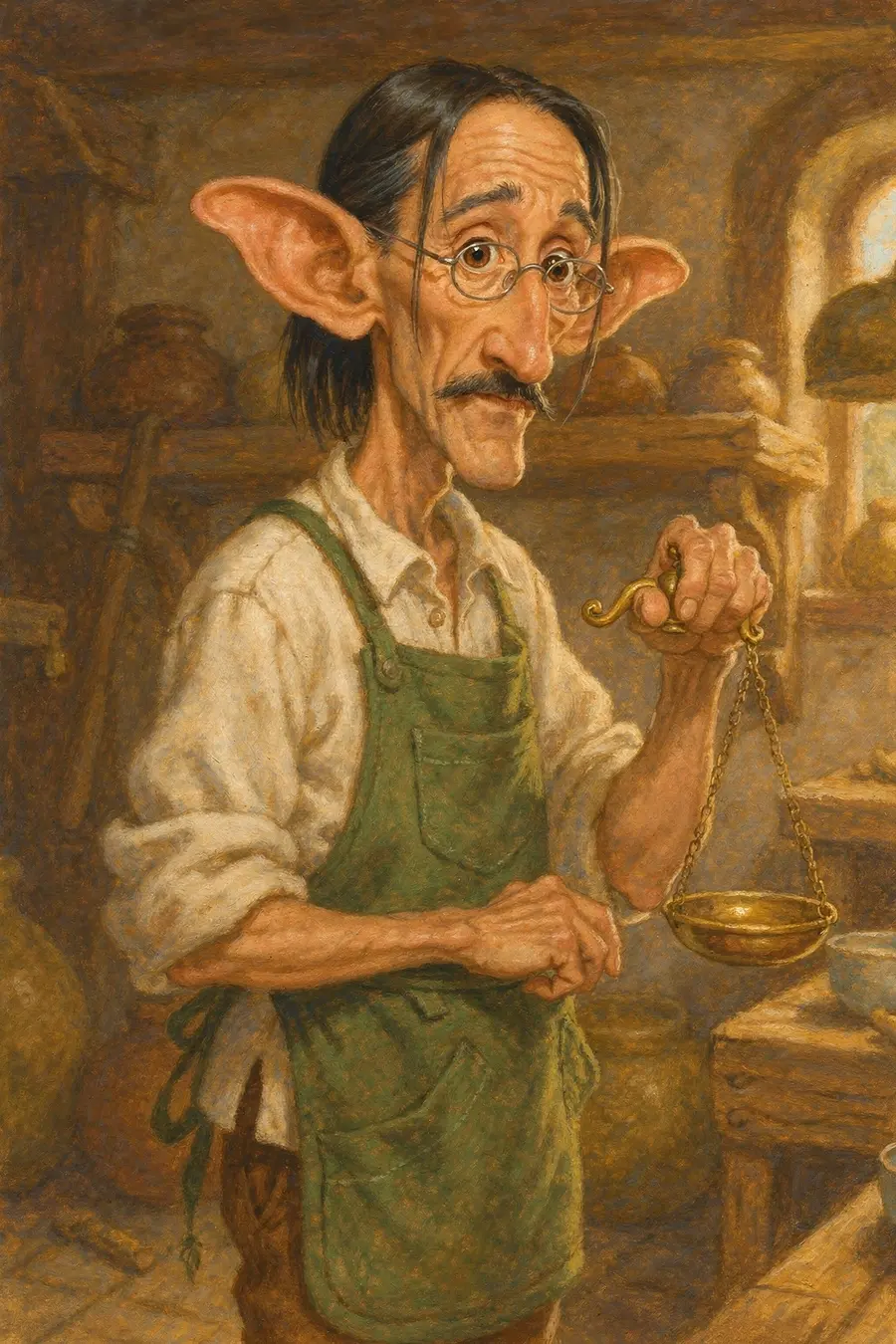 A generated portrait of a grocer in a green apron holding a brass scale. He has huge pointed ears, a long narrow skull and oversized eyes, so he looks like an elf