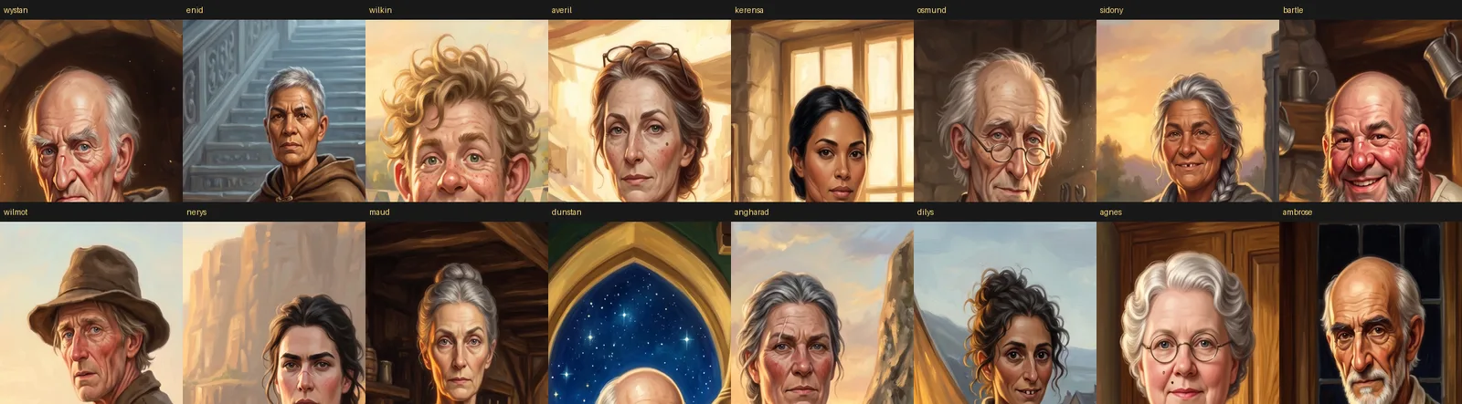 A grid of sixteen new faces that are now clearly different people. Two have turned into cartoons with oversized ears and noses, and in one the head is cut off by the top of the frame