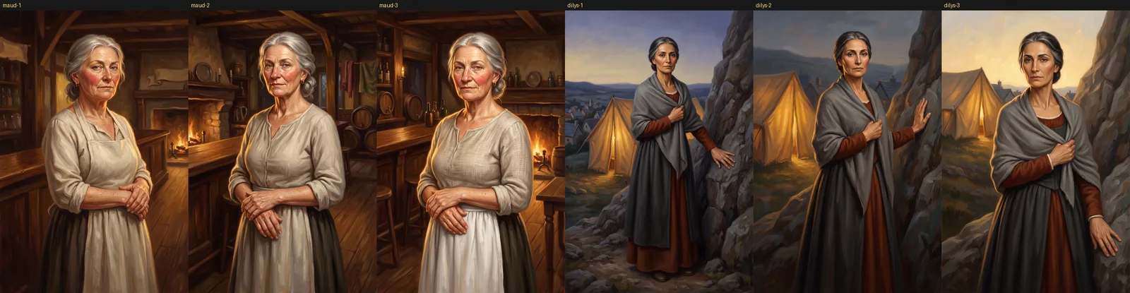 Regenerated portraits in which two characters now stand with their hands clasped or folded at the waist, each in a different setting