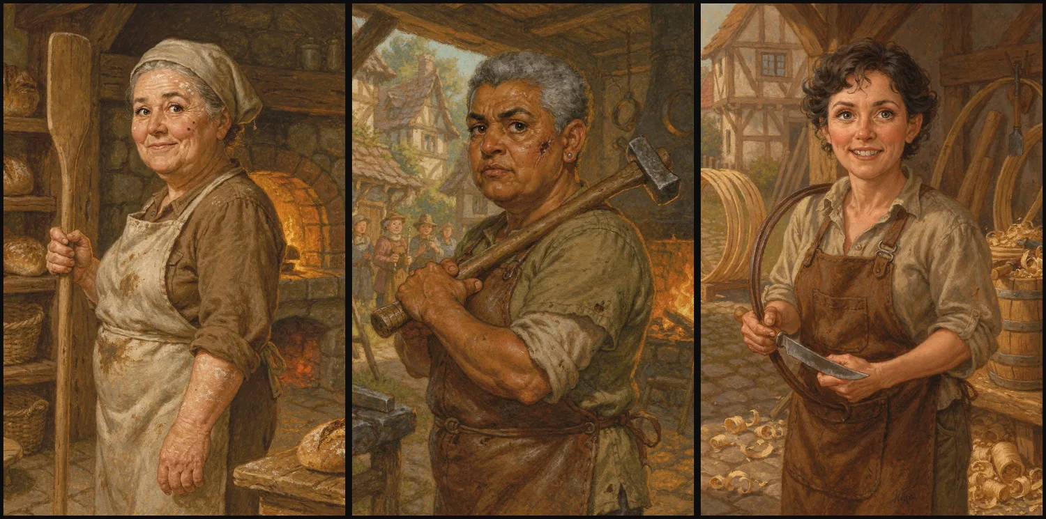 Three portraits from the model I rejected: a baker, a blacksmith and a cooper. Each is a different person, but the paint is flat and muddy next to the style I had chosen