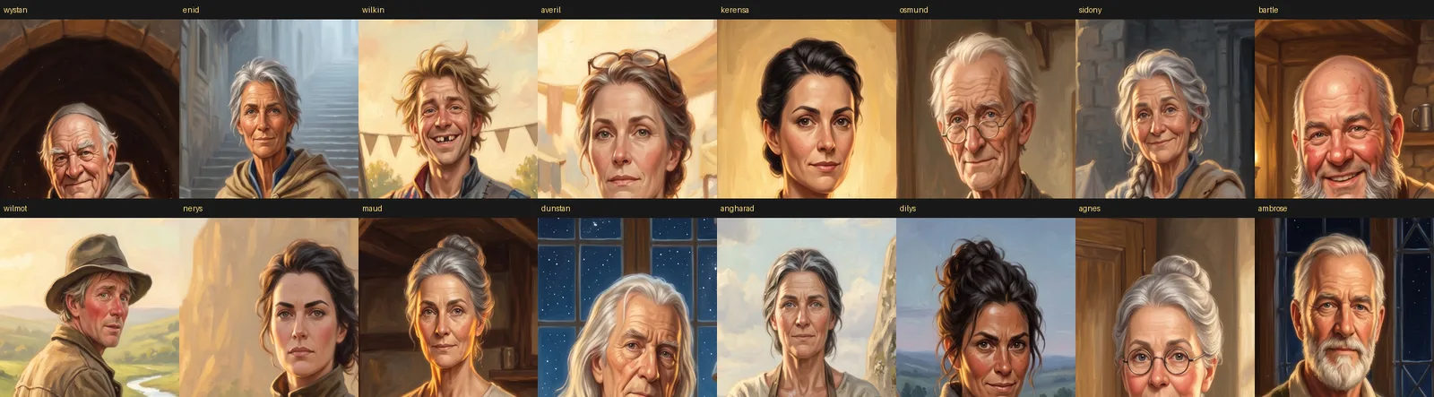 A grid of sixteen generated faces. The middle-aged women all share one face and the elderly men all share another, even though each has a different name