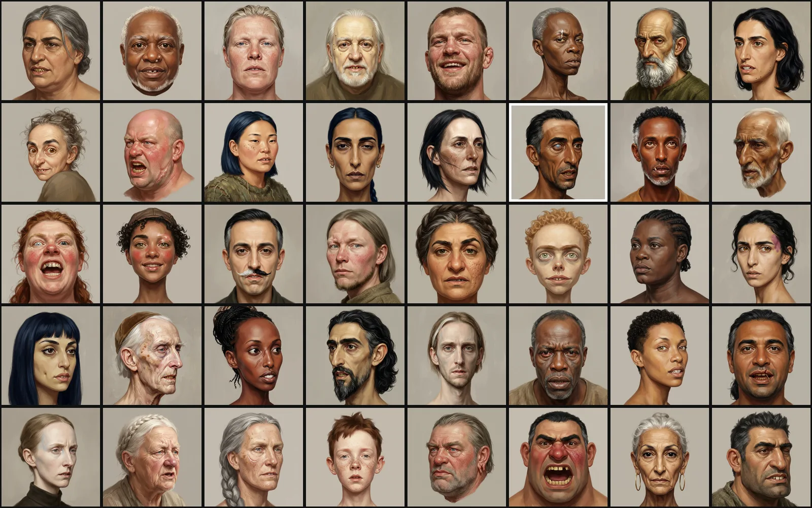A grid of forty head and shoulder studies on plain backgrounds. Every face is a different person. A few have problems, including one with a white border and one that looks like a cartoon