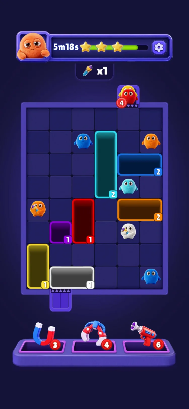 A Fluffy Drop level in progress: a dark grid board with coloured outlined spaces each showing the number of fluffy balls it still needs, several fluffy characters scattered across the grid, and a tray of three tools below
