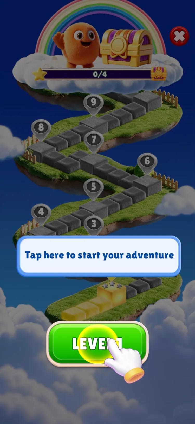 The Fluffy Drop level map: a winding stone path floating through clouds with numbered level markers, a star progress bar and a treasure chest at the top
