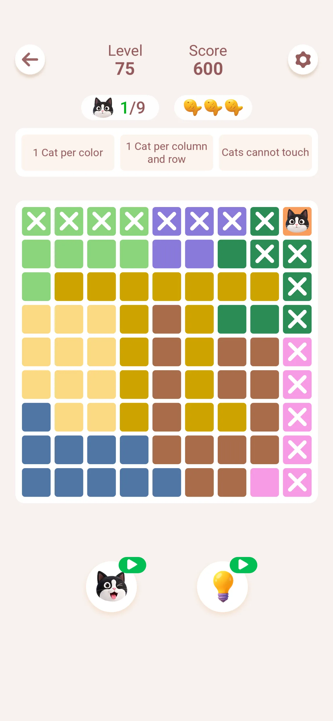 First cat placed with the surrounding row, column, and region marked as impossible