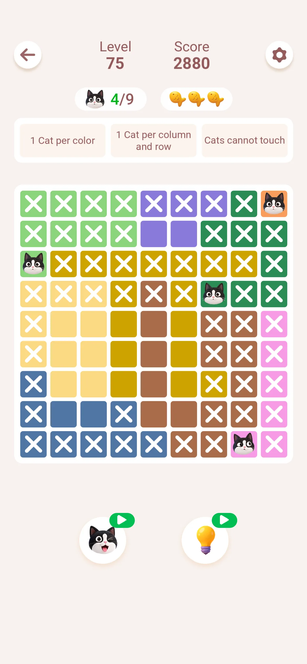 Four cats placed on the Meowdoku board, with most squares now crossed off