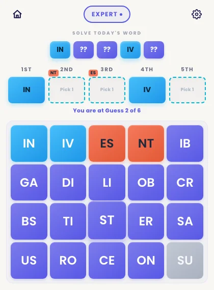A Pairdle Expert board with five boxes labelled 1ST to 5TH above twenty tiles, two pairs locked blue, two marked red and one greyed out