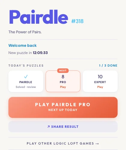 The Pairdle home screen with the three daily levels side by side: Pairdle solved, Pro marked next at eight letters, and Expert at ten