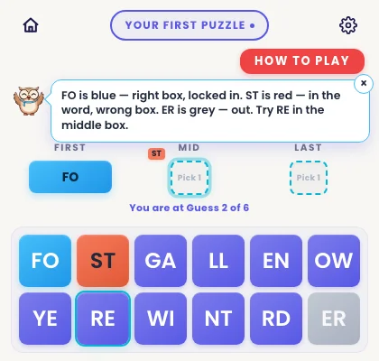 Olly the owl on a first-time player's board, saying that FO is blue and locked in the right box, ST is red so it is in the word but the wrong box, ER is grey and out, and suggesting RE in the middle box