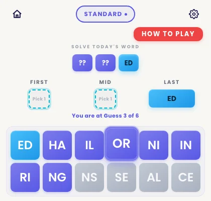 A Pairdle board on guess 3 of 6: ED locked blue in the LAST box, FIRST and MID still empty, and twelve tiles below with four of them greyed out