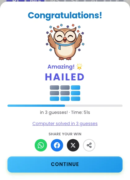 The Pairdle 1.5 win card for HAILED solved in three guesses, with the colour grid of each guess and the line Computer solved in 3 guesses