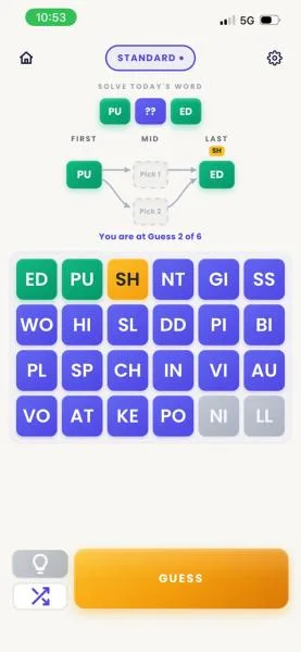 Guess two — SH lands as yellow, exactly where I'd missed it