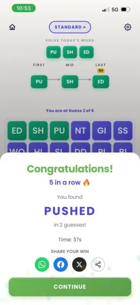 Solved — PUSHED found in two guesses, five in a row