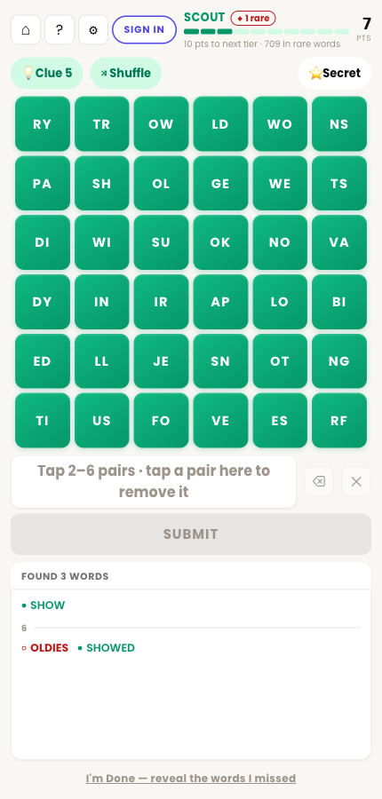 The Pairdle Hunt game board — a 6x6 grid of green letter-pair tiles with the score, tier bar, and found words