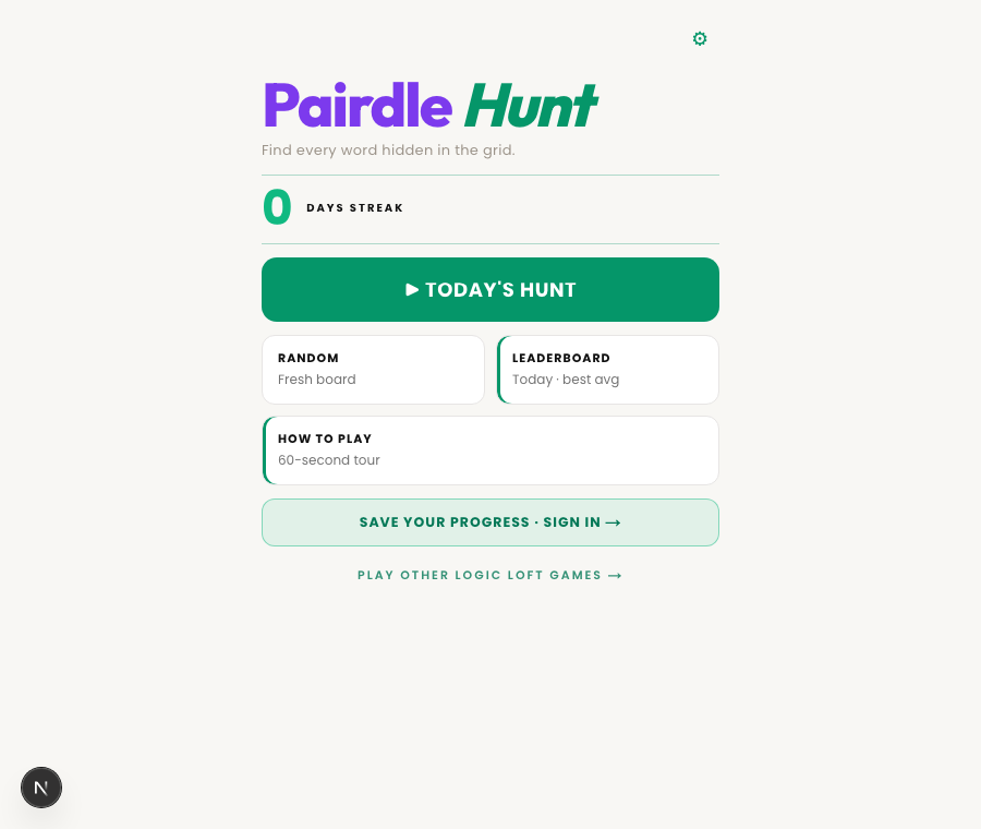 The Pairdle Hunt home screen with the daily hunt, random board, and leaderboard options