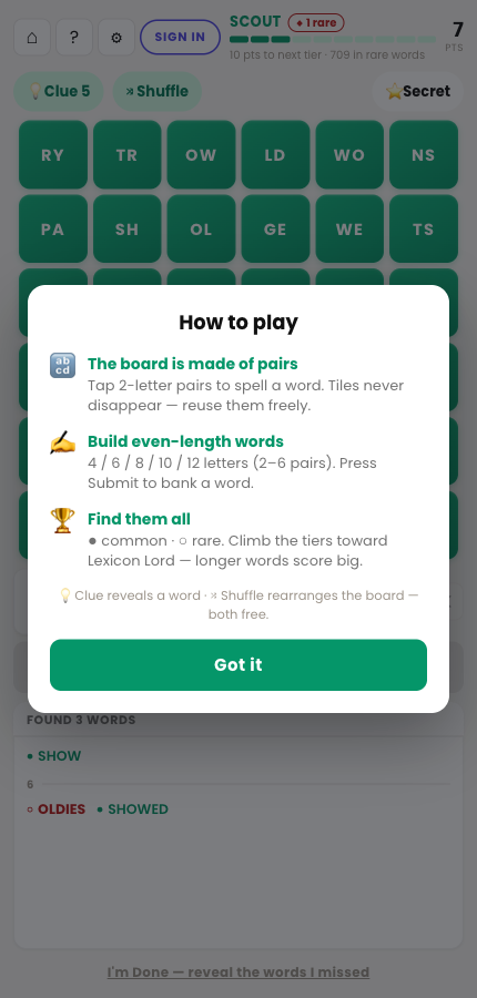 The Pairdle Hunt "How to Play" screen explaining pairs, even-length words, and tiers