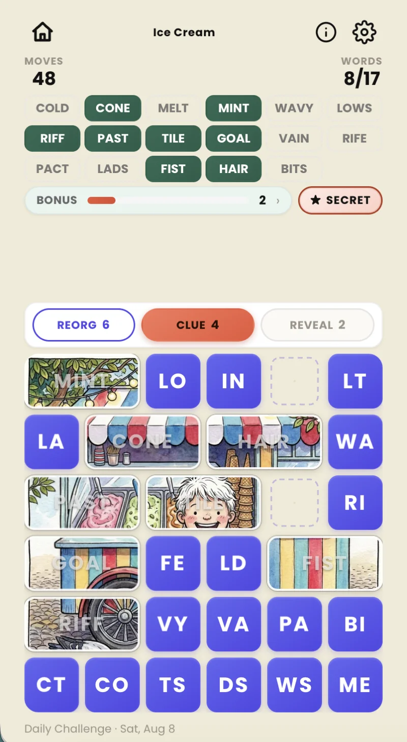 Move 48 — FIST and HAIR merged, eight of seventeen words done