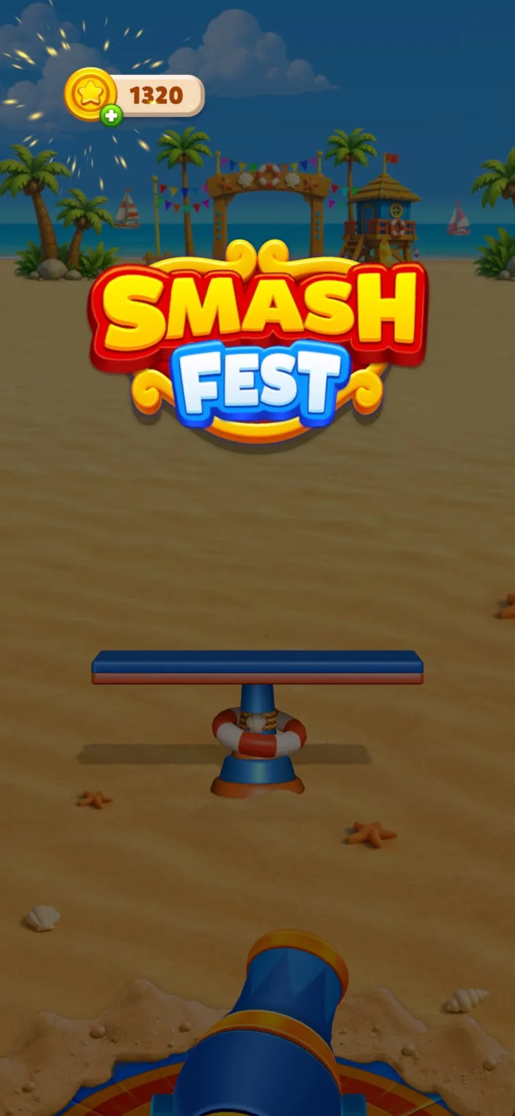 The Smash Fest title screen: a bright beach with palm trees, bunting and a lifeguard hut behind an empty platform, with the cannon waiting at the bottom of the screen