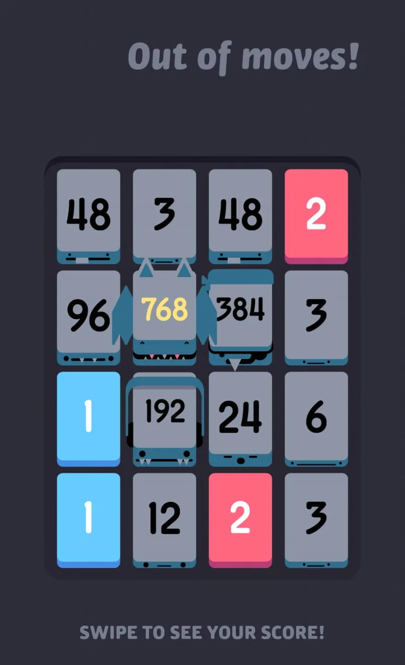 The Threes! game over screen reading "Out of moves!" above a jammed four-by-four board: a 768 stranded in the middle surrounded by a 96 and a 384, two 48 cards separated by a 3, and two 1 cards stacked in the left column, with the two 2s on the right, one in the top corner and one in the bottom row