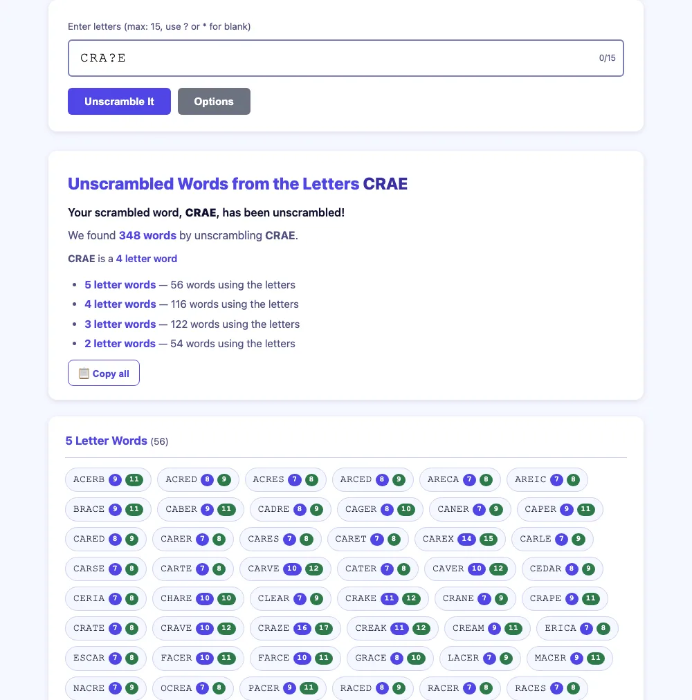 The same tool given CRA?E: the results header reads "Unscrambled Words from the Letters CRAE", 348 words found, and the five-letter list contains ACERB, BRACE, CEDAR and GRACE, words that do not fit the C-R-A-_-E pattern at all
