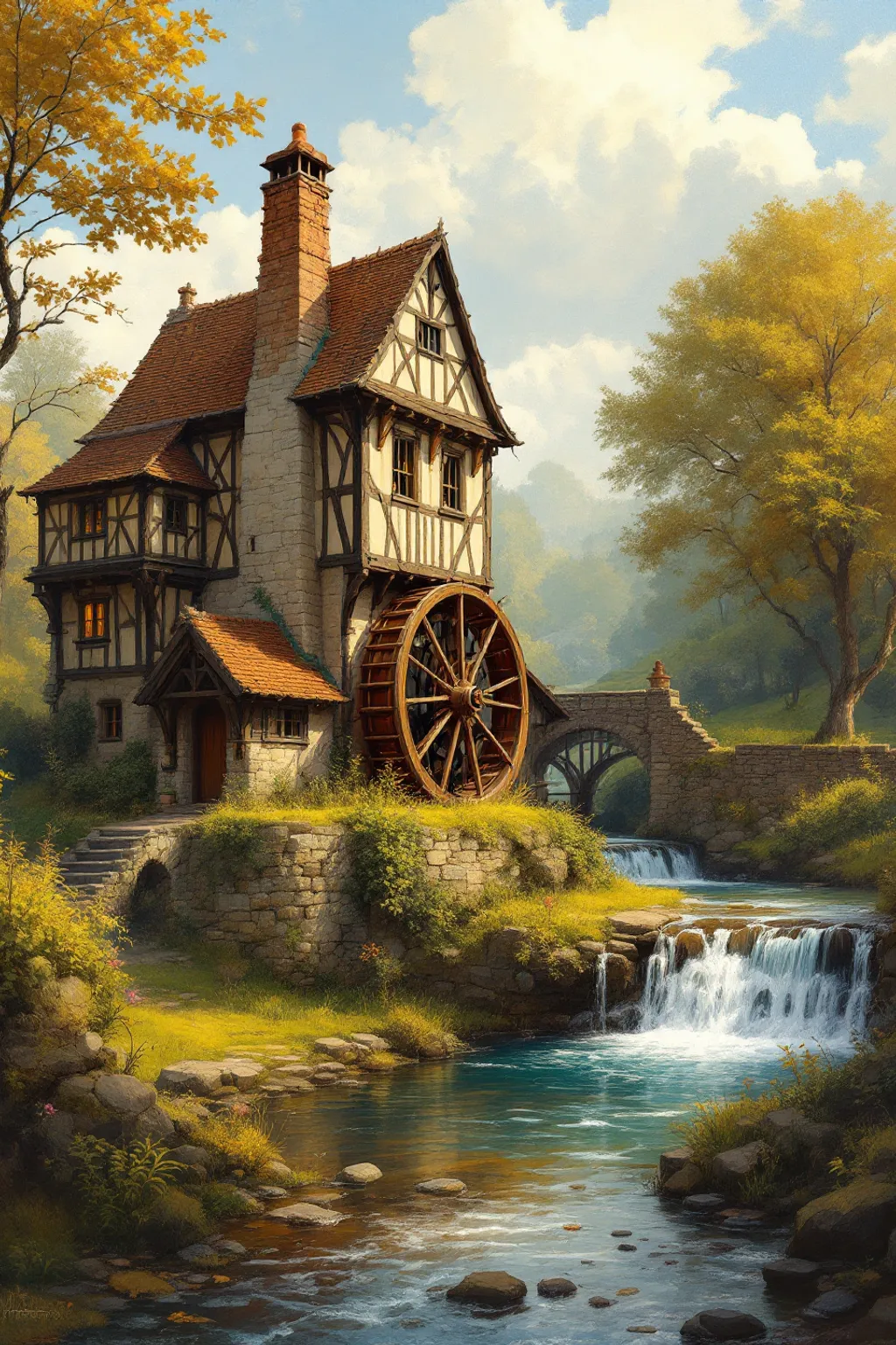Oil painting of a stone-and-timber watermill beside a rushing millstream, its wooden waterwheel turning under a small cascading waterfall.