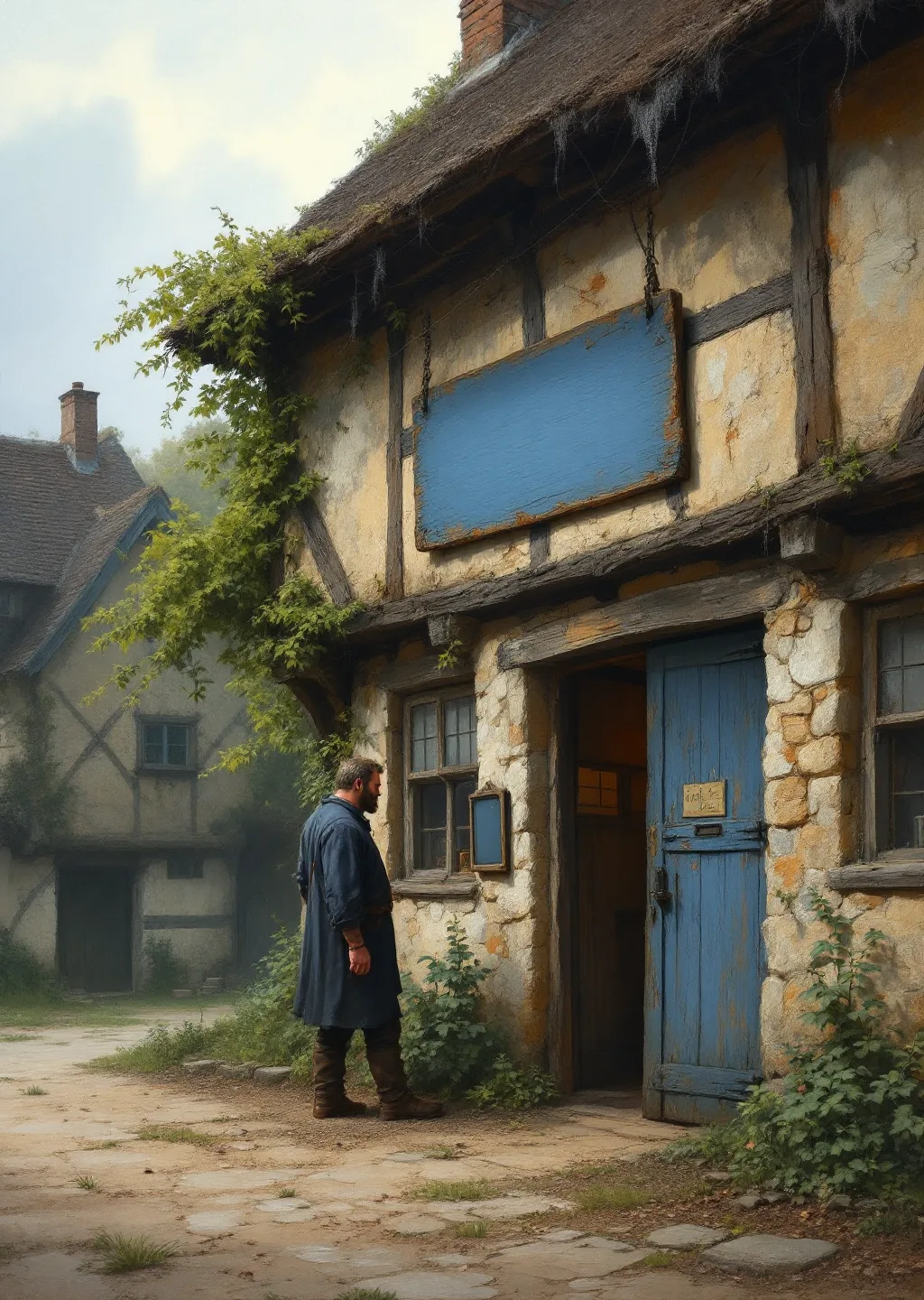 Oil painting of Aldren's Rest, a weathered coaching-inn-turned-stable at a rural crossroads on the Greenway Road