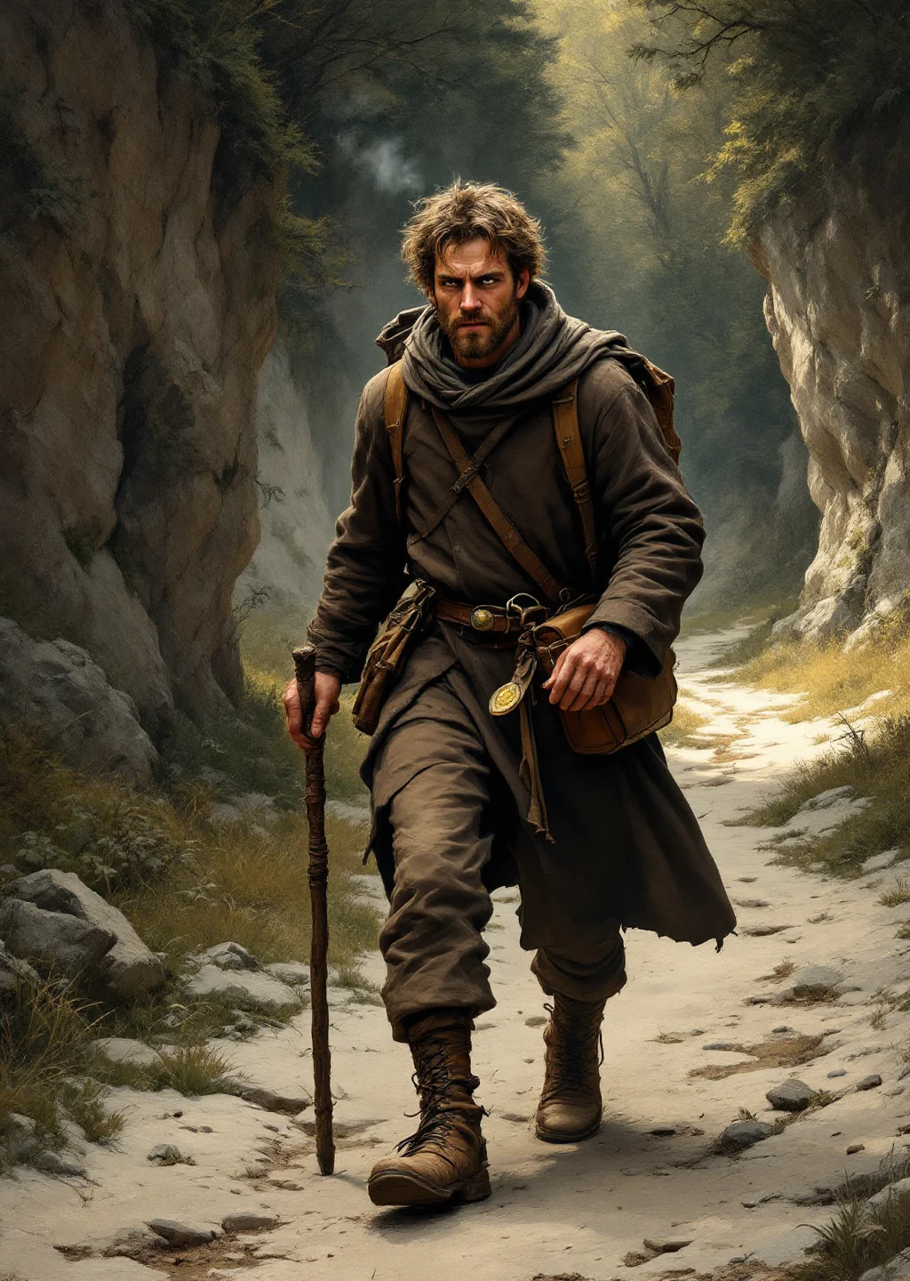 Oil painting of Aldric, a road-worn traveler with a walking staff and satchel, pausing on the limestone path above Whisper Hollow with the dark treeline of Inkhollow behind him.