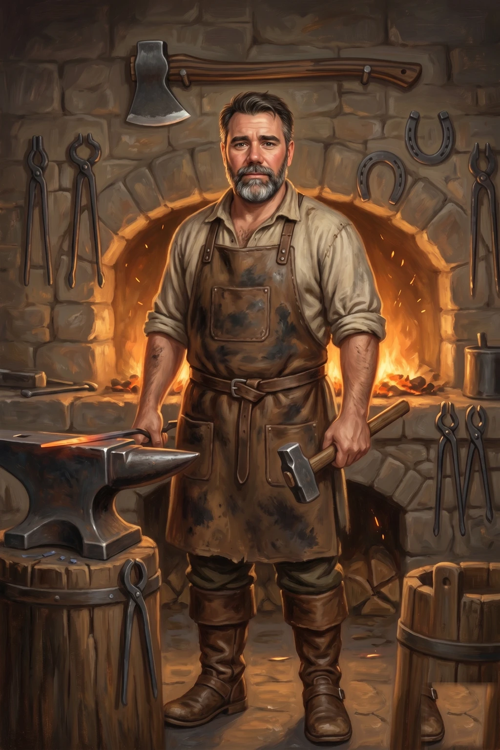 Oil painting of Aldwyn, a broad, grey-bearded blacksmith in a soot-stained leather apron over a rolled-sleeve linen shirt, standing at his anvil in a stone forge; he grips a glowing iron on the anvil with tongs in one hand and holds a hammer in the other. A long-handled, ash-pale axe hangs mounted on the stone wall above him beside a horseshoe and hanging tongs, with a glowing furnace, wooden quench buckets, and scattered smith's tools around him.