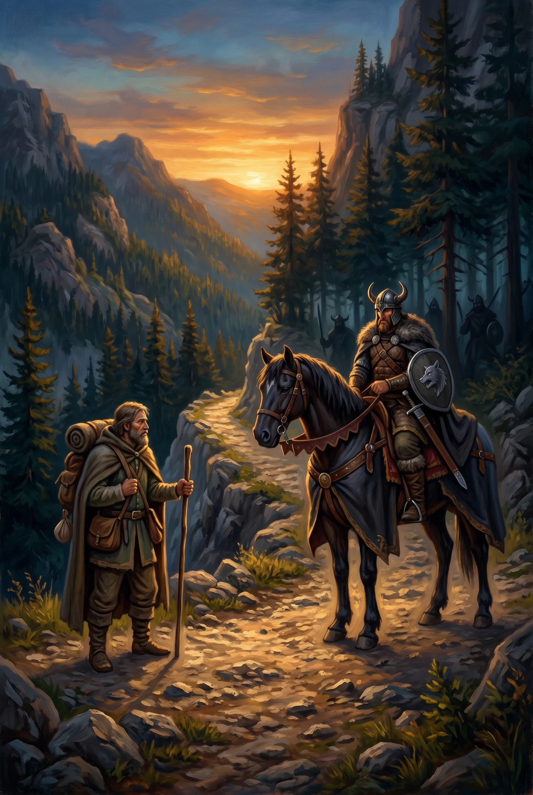 Oil painting of a mountain pass at sunset — a cloaked traveler leaning on a walking staff faces a mounted, fur-cloaked road-captain in horned helm and worn leather, a wolf-blazon shield on his arm, armed men half-hidden among the dark pines behind him, a pale stony track winding down between grey crags toward a glowing valley.