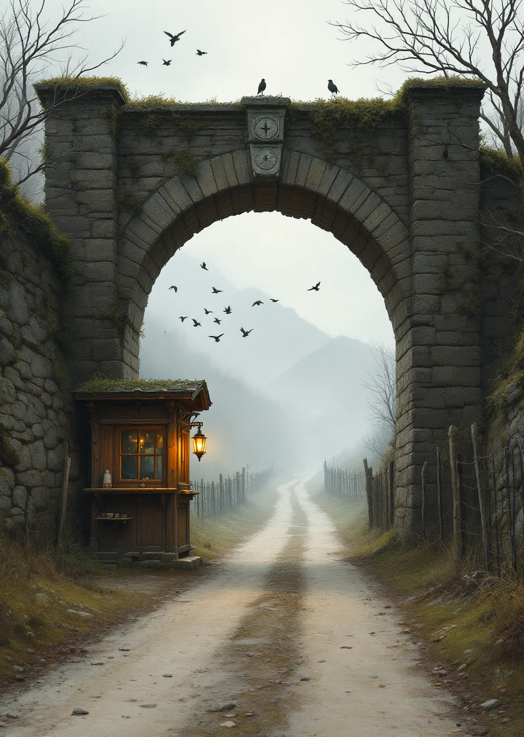 Oil painting of Before-Gate, a mossy stone archway with a lantern-lit tollbooth and a circling flock of birds at the edge of the name-effaced country.