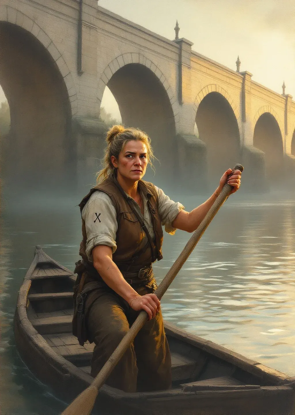 Oil painting of a weathered old ferrywoman at the stern of her flat wooden ferry on a broad calm river.