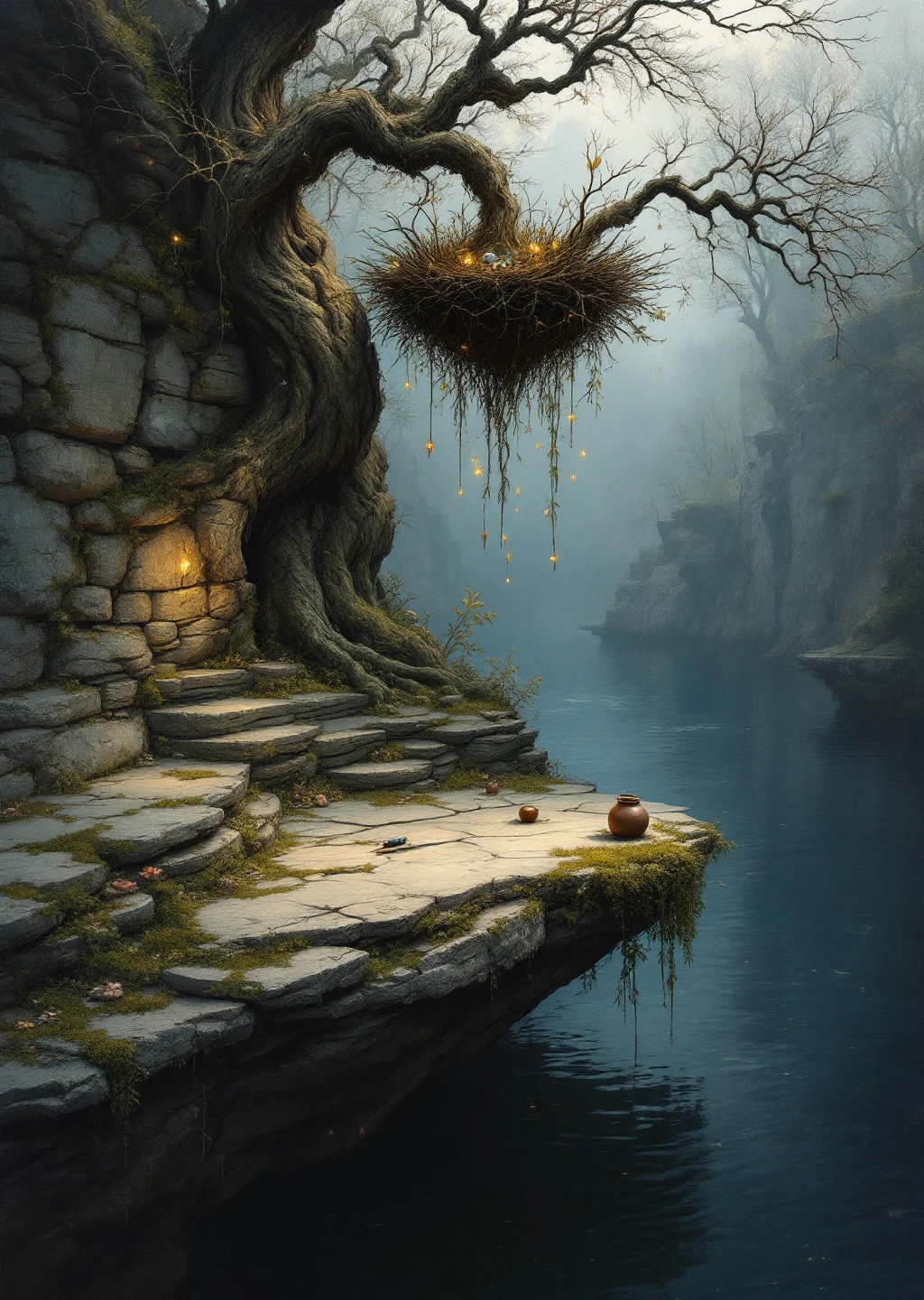Oil painting of Blotter's Reach, a broad ink-stained stone shelf above a dark spring, with a jackdaw's shiny-trinket nest hanging in the hazel above.