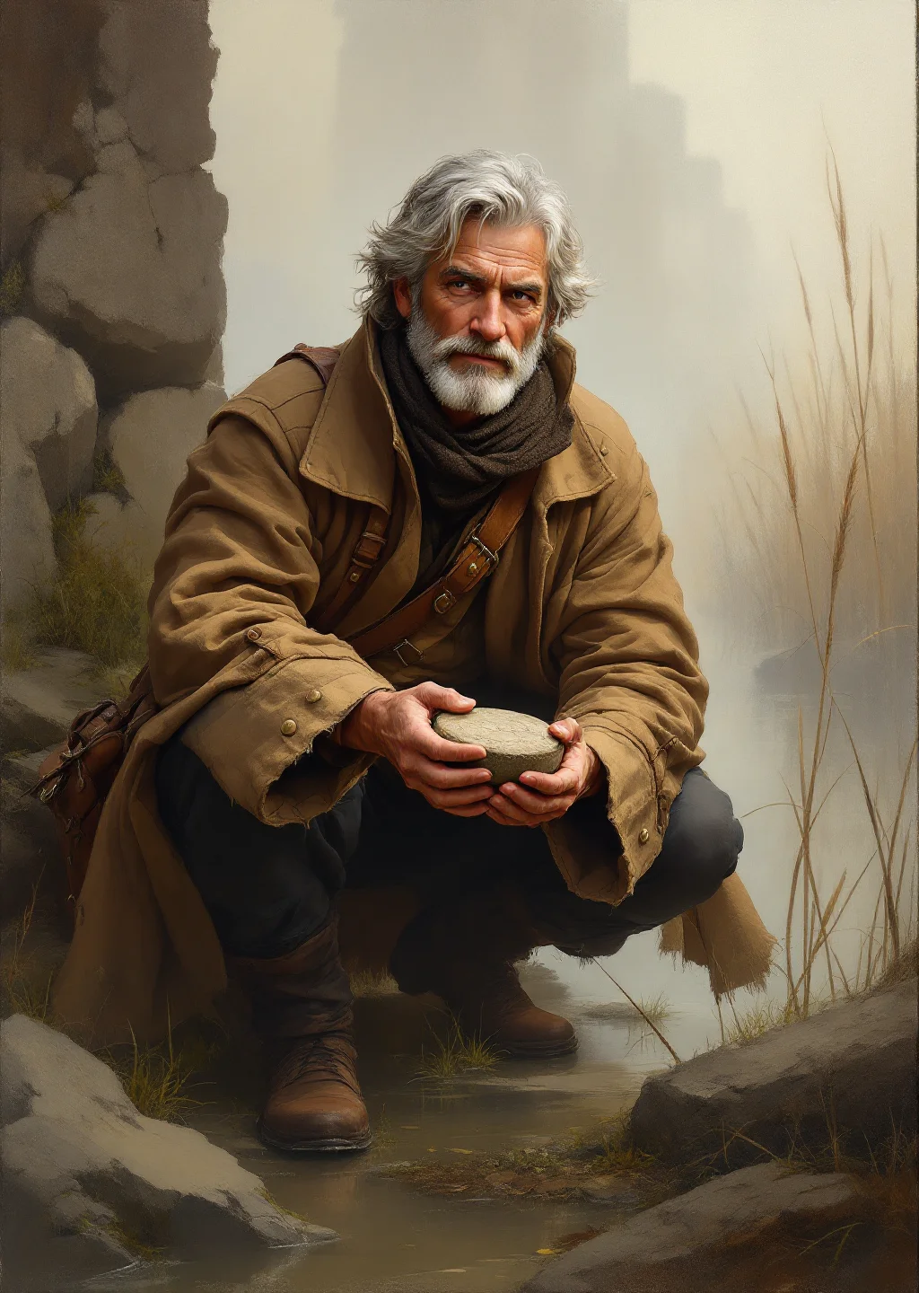 Oil painting of Calder the scholar crouching in the misty Glossary Mire, carefully lifting a weathered stone disc from the silt bank.