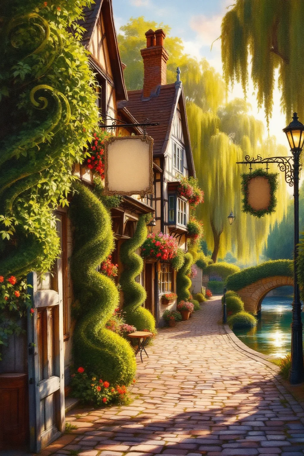 Oil painting of Calligrapher's Green, a village lane lined with hedges pruned into flowing calligraphic swirls