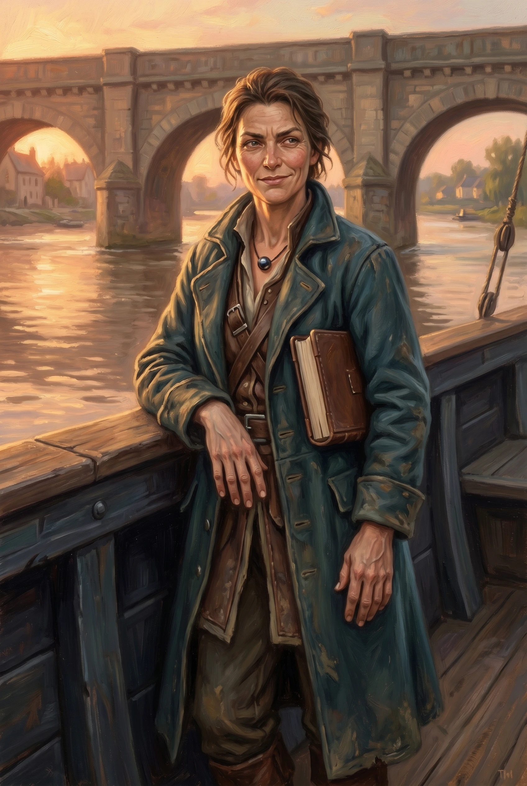 Oil painting of a weather-lined woman with short tousled brown hair on the deck of a dark-painted river barge at sunset, wearing a worn teal-green long coat over brown leathers, a single dark pearl on a cord at her throat, a leather-bound book tucked at her hip, a many-arched stone bridge and riverside village behind her.