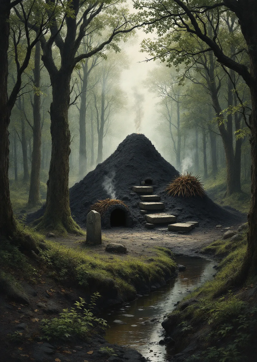 Oil painting of Charcoal Barrow, a charred mound in the woods with smoking charcoal kilns and old stone boundary markers.
