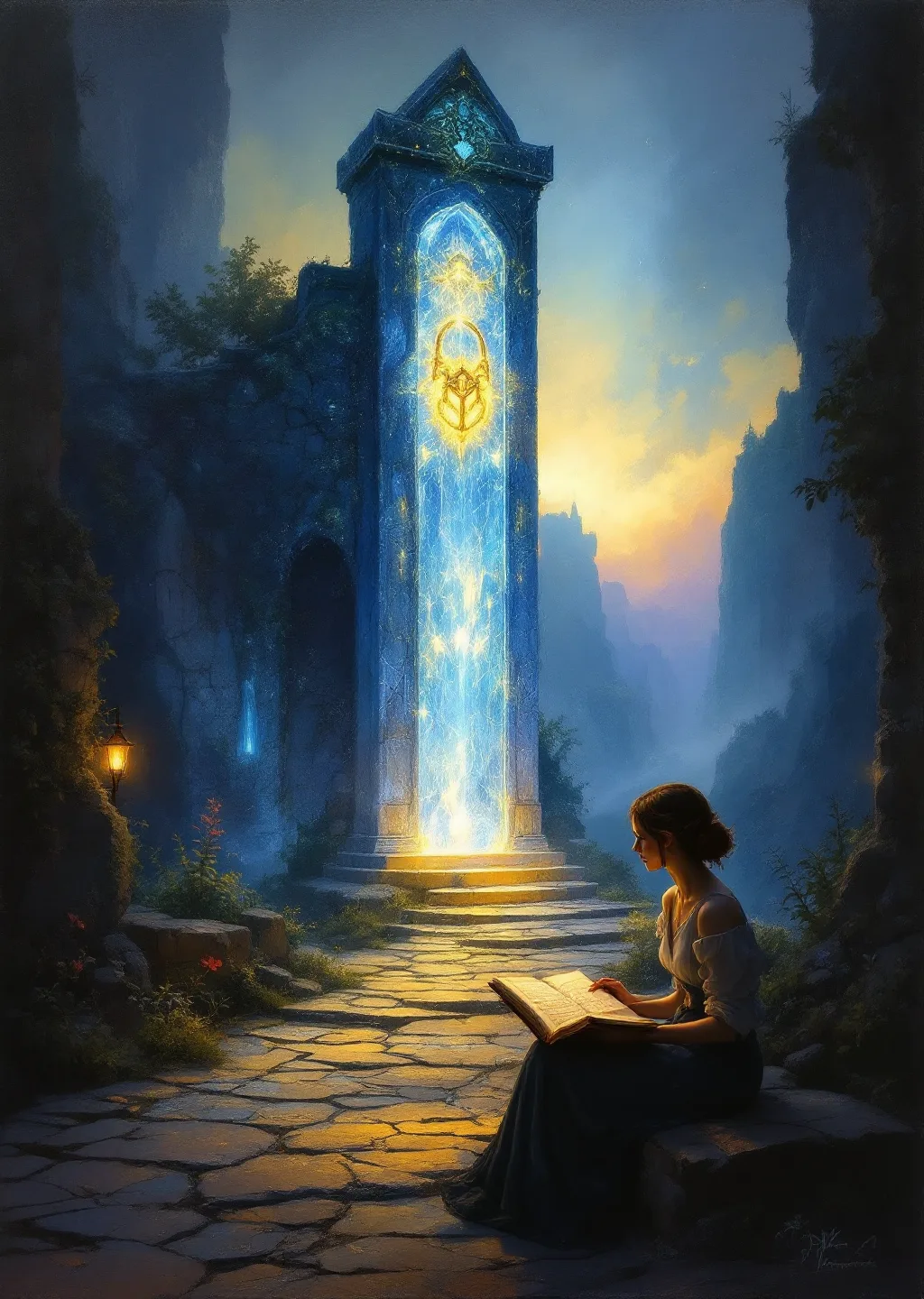 Oil painting of Clasp Gate, a glowing crystal gate at the end of the road through the Binding Thread