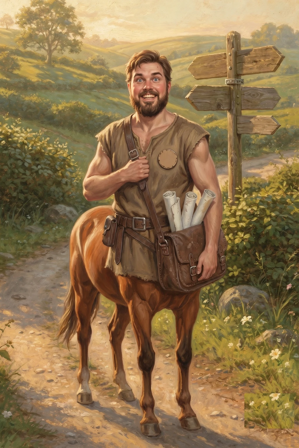 Oil painting of a grinning young centaur on a sunlit dirt road — chestnut horse lower body, bare-armed human torso in a frayed olive tunic, brown hair and short beard — an overstuffed leather satchel of rolled scrolls slung across one shoulder, a weathered wooden signpost and green rolling hills behind him.