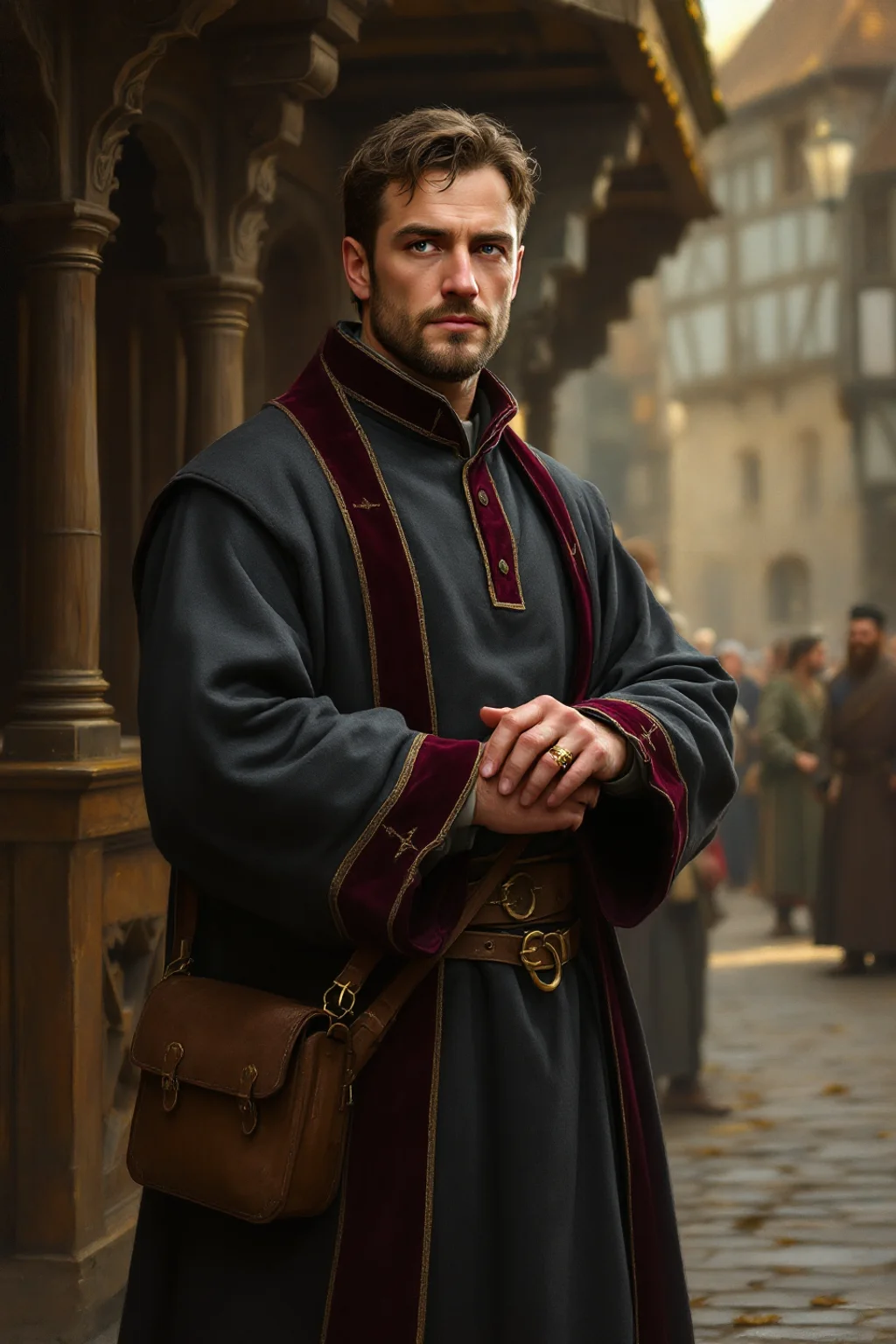 Oil painting of Coll the Aldren Adjudicator standing at the edge of a medieval marketplace, straightening his cuff
