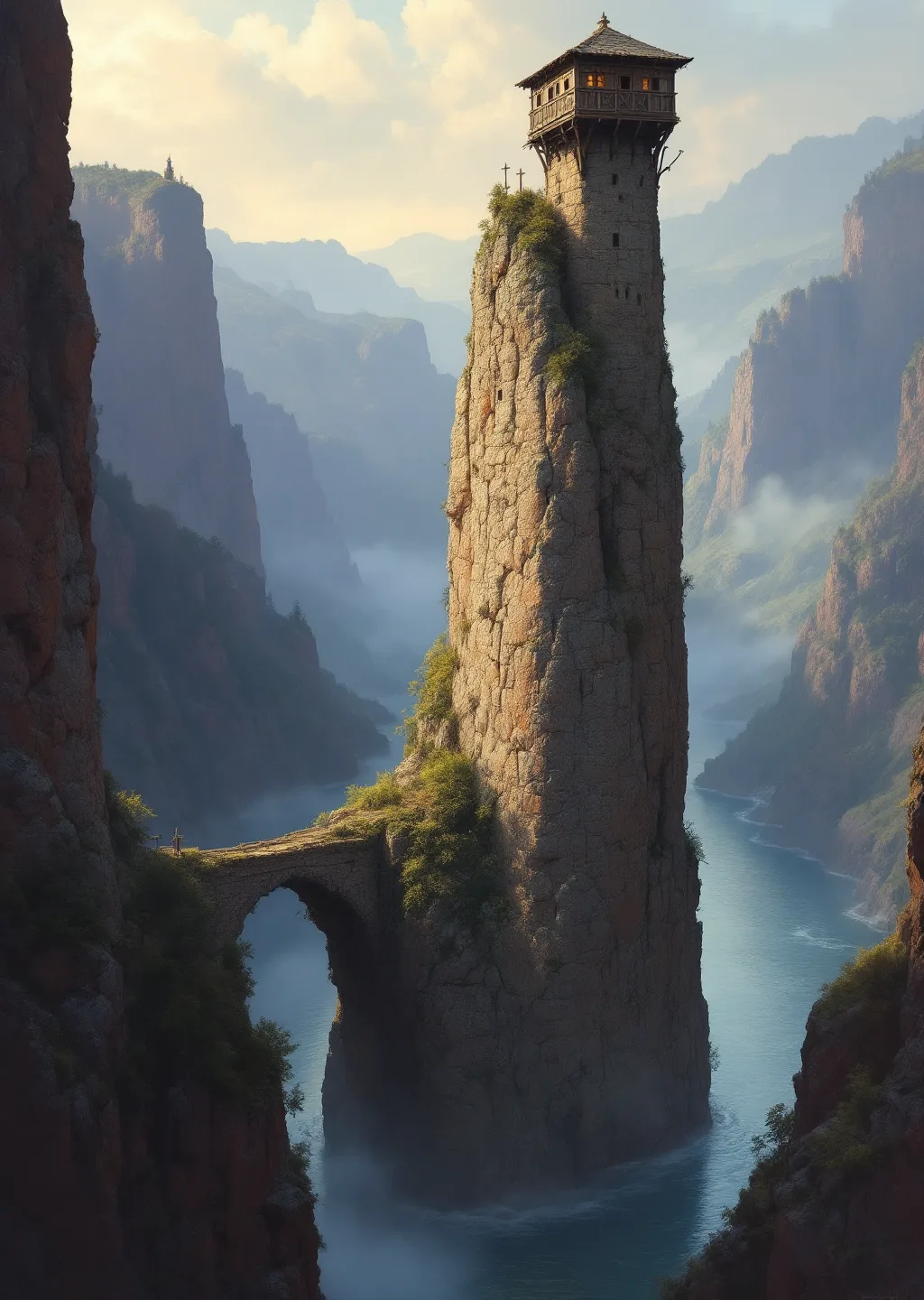 Oil painting of a weathered wooden watchtower perched atop a tall limestone rock needle where a river splits into two channels below, red-clay cliffs on either side.